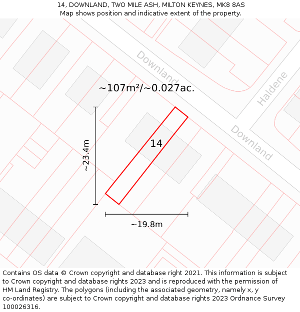 14, DOWNLAND, TWO MILE ASH, MILTON KEYNES, MK8 8AS: Plot and title map