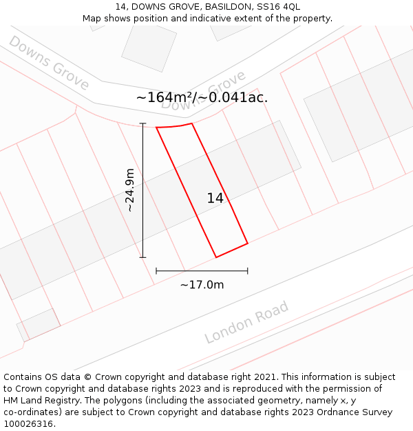 14, DOWNS GROVE, BASILDON, SS16 4QL: Plot and title map