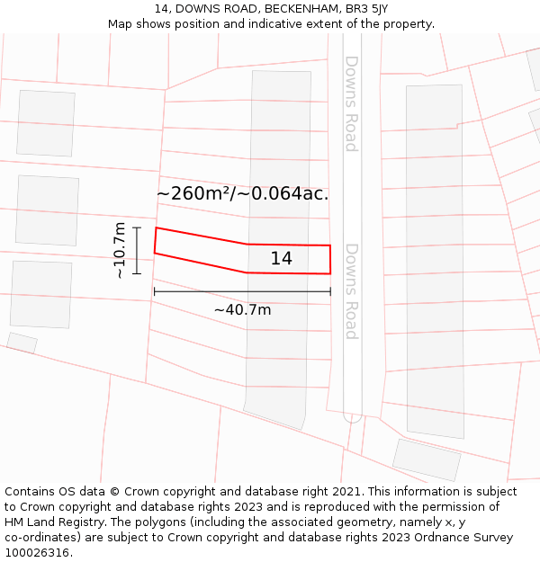 14, DOWNS ROAD, BECKENHAM, BR3 5JY: Plot and title map