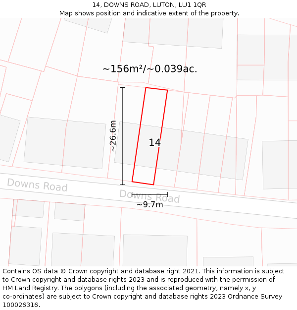 14, DOWNS ROAD, LUTON, LU1 1QR: Plot and title map