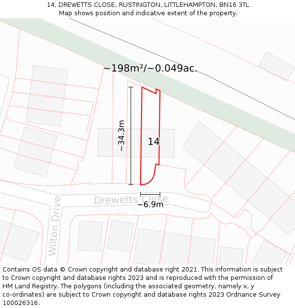 14, DREWETTS CLOSE, RUSTINGTON, LITTLEHAMPTON, BN16 3TL: Plot and title map