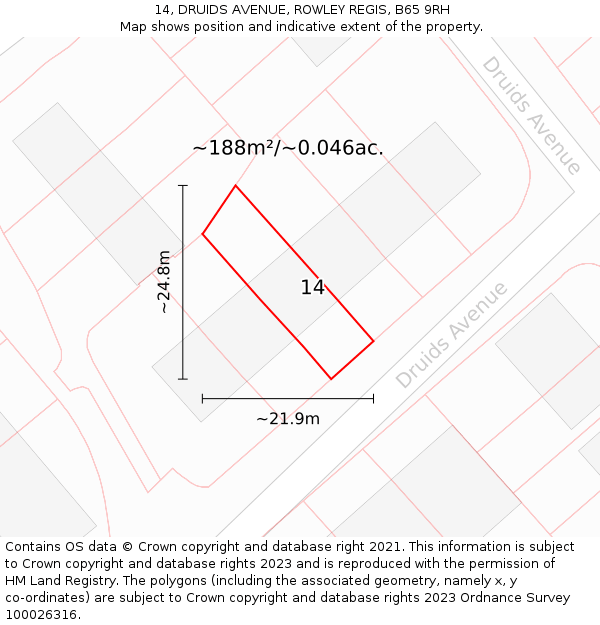 14, DRUIDS AVENUE, ROWLEY REGIS, B65 9RH: Plot and title map