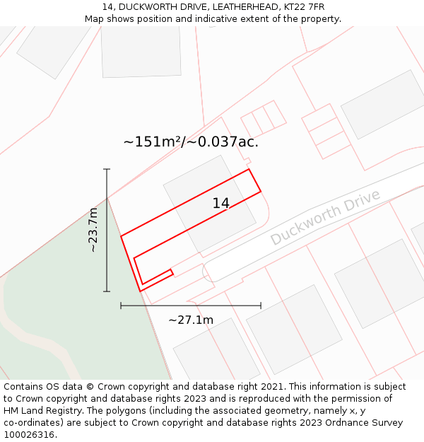 14, DUCKWORTH DRIVE, LEATHERHEAD, KT22 7FR: Plot and title map