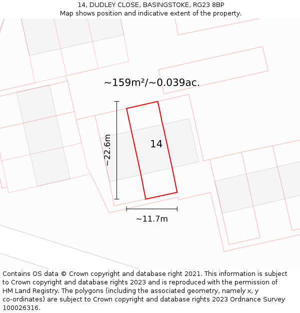 14, DUDLEY CLOSE, BASINGSTOKE, RG23 8BP: Plot and title map