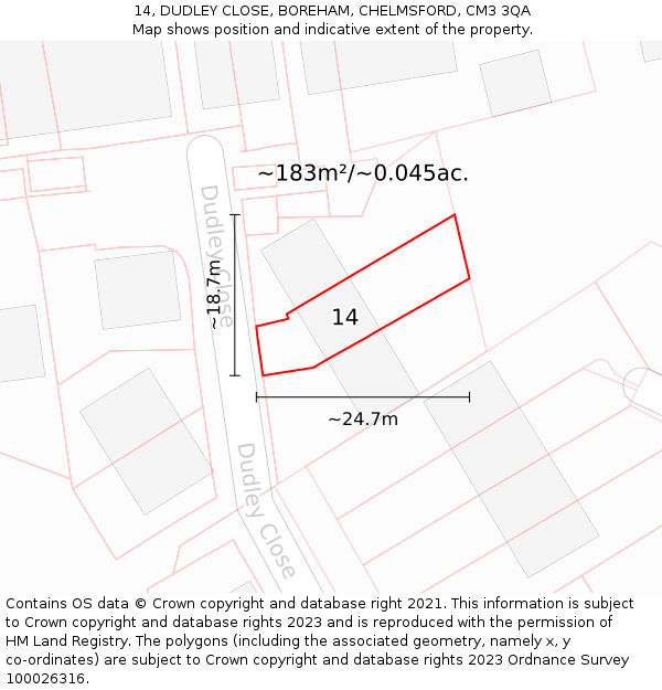 14, DUDLEY CLOSE, BOREHAM, CHELMSFORD, CM3 3QA: Plot and title map