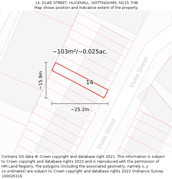 14, DUKE STREET, HUCKNALL, NOTTINGHAM, NG15 7HB: Plot and title map