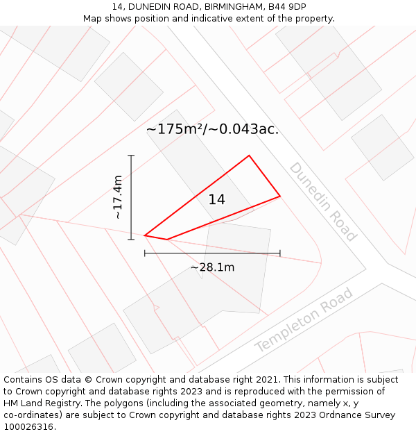 14, DUNEDIN ROAD, BIRMINGHAM, B44 9DP: Plot and title map