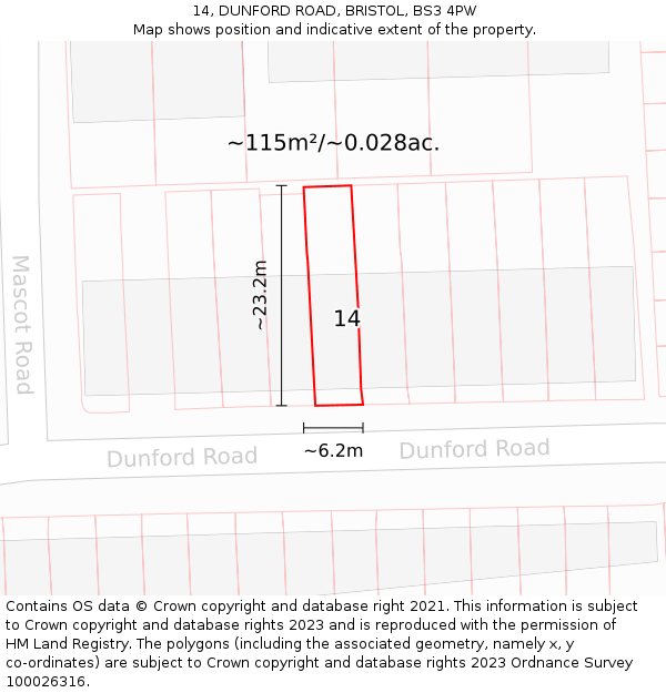 14, DUNFORD ROAD, BRISTOL, BS3 4PW: Plot and title map