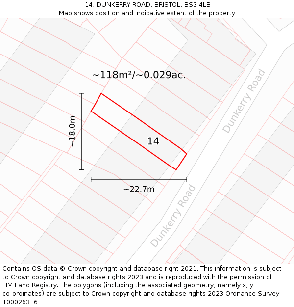14, DUNKERRY ROAD, BRISTOL, BS3 4LB: Plot and title map