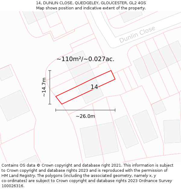 14, DUNLIN CLOSE, QUEDGELEY, GLOUCESTER, GL2 4GS: Plot and title map
