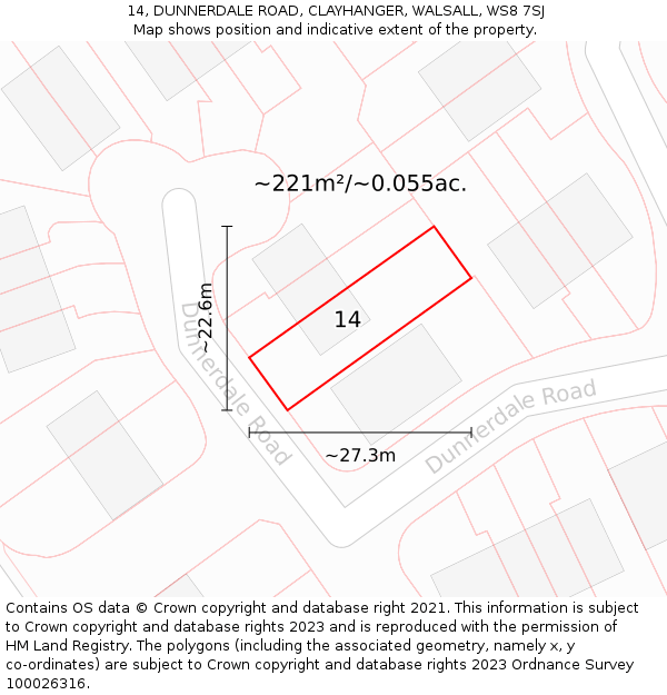 14, DUNNERDALE ROAD, CLAYHANGER, WALSALL, WS8 7SJ: Plot and title map