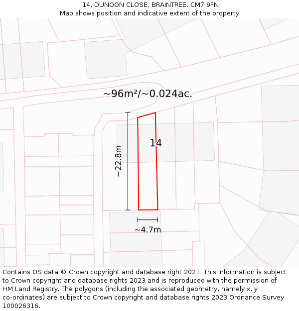 14, DUNOON CLOSE, BRAINTREE, CM7 9FN: Plot and title map