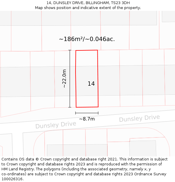 14, DUNSLEY DRIVE, BILLINGHAM, TS23 3DH: Plot and title map