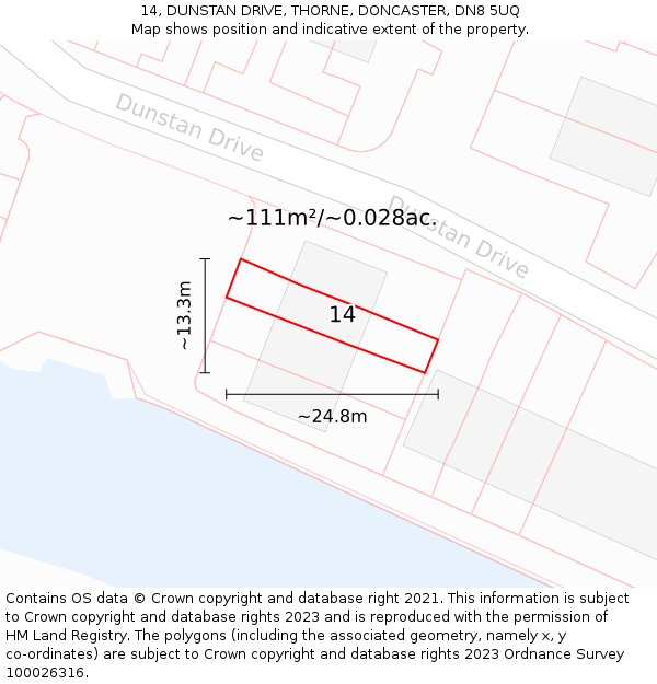 14, DUNSTAN DRIVE, THORNE, DONCASTER, DN8 5UQ: Plot and title map