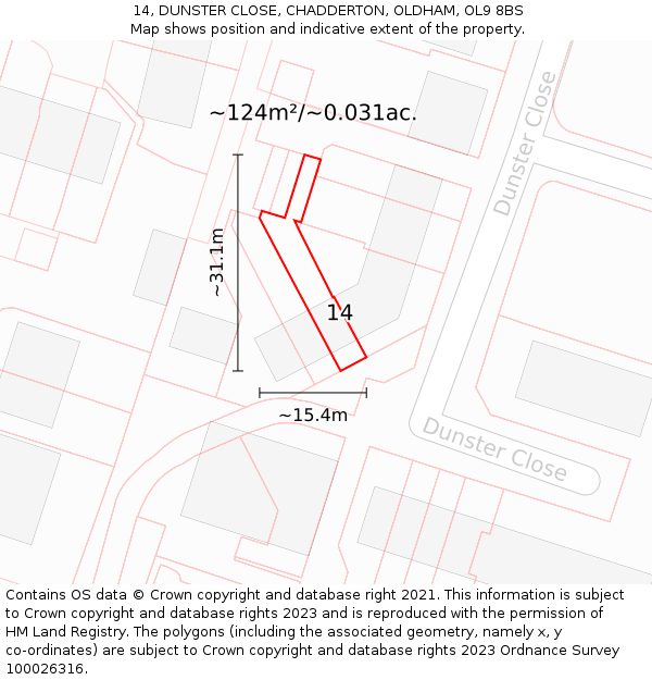 14, DUNSTER CLOSE, CHADDERTON, OLDHAM, OL9 8BS: Plot and title map
