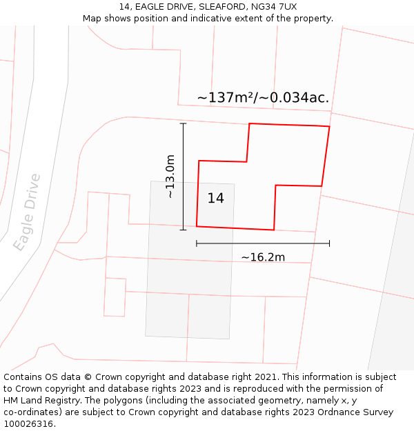 14, EAGLE DRIVE, SLEAFORD, NG34 7UX: Plot and title map