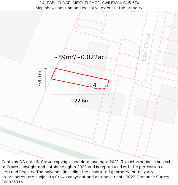 14, EARL CLOSE, MIDDLELEAZE, SWINDON, SN5 5TX: Plot and title map