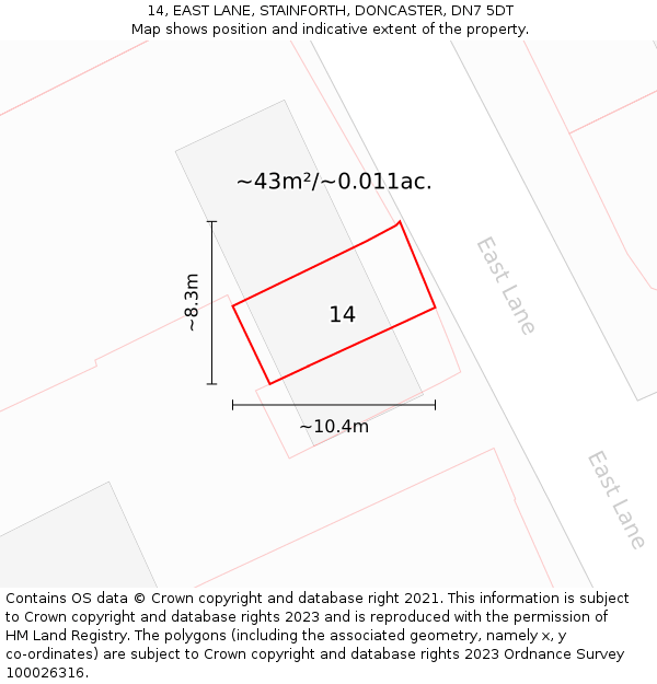 14, EAST LANE, STAINFORTH, DONCASTER, DN7 5DT: Plot and title map