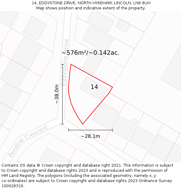 14, EDDYSTONE DRIVE, NORTH HYKEHAM, LINCOLN, LN6 8UH: Plot and title map