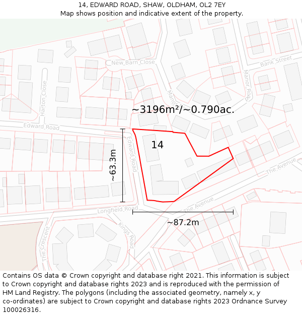 14, EDWARD ROAD, SHAW, OLDHAM, OL2 7EY: Plot and title map