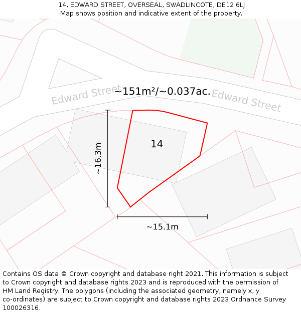 14, EDWARD STREET, OVERSEAL, SWADLINCOTE, DE12 6LJ: Plot and title map