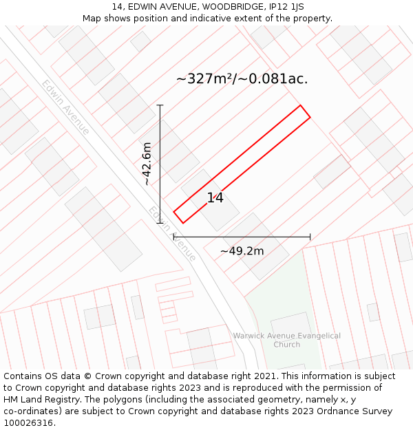 14, EDWIN AVENUE, WOODBRIDGE, IP12 1JS: Plot and title map