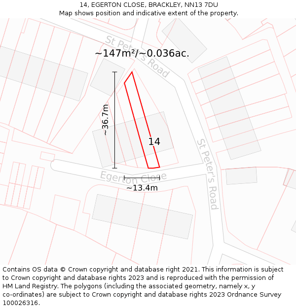 14, EGERTON CLOSE, BRACKLEY, NN13 7DU: Plot and title map