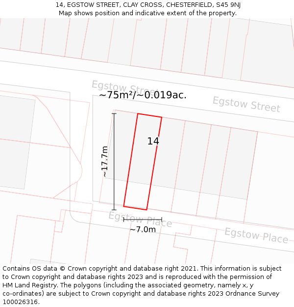 14, EGSTOW STREET, CLAY CROSS, CHESTERFIELD, S45 9NJ: Plot and title map