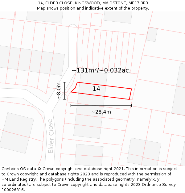 14, ELDER CLOSE, KINGSWOOD, MAIDSTONE, ME17 3PR: Plot and title map