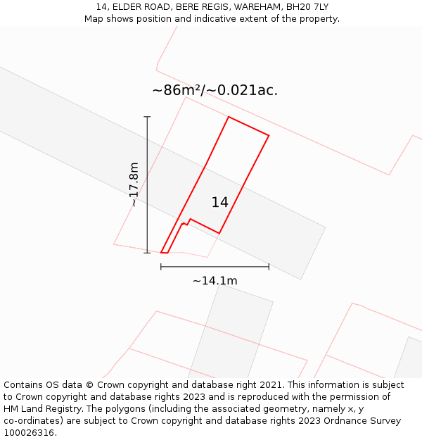 14, ELDER ROAD, BERE REGIS, WAREHAM, BH20 7LY: Plot and title map