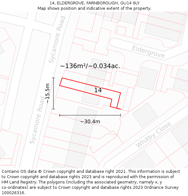 14, ELDERGROVE, FARNBOROUGH, GU14 6LY: Plot and title map
