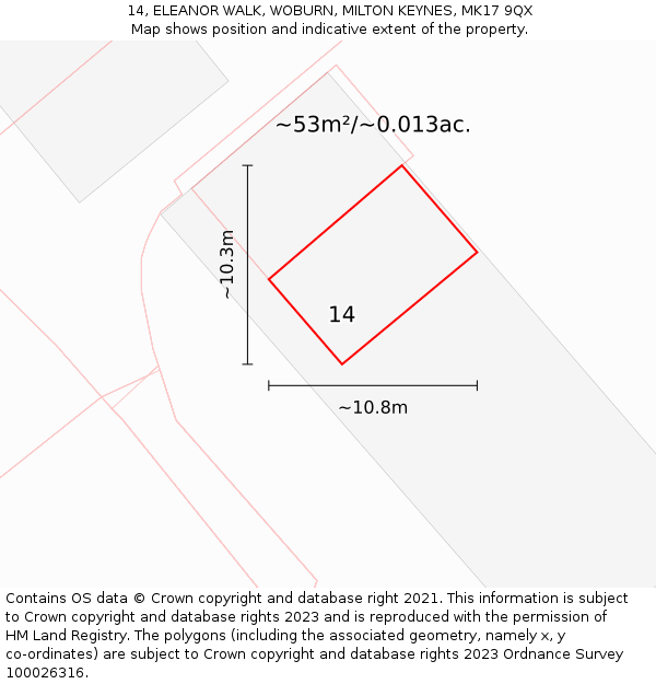 14, ELEANOR WALK, WOBURN, MILTON KEYNES, MK17 9QX: Plot and title map