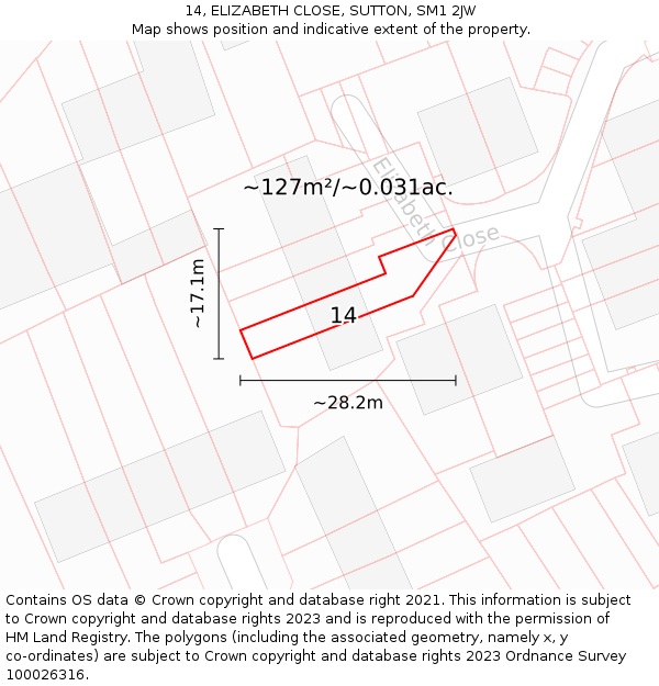 14, ELIZABETH CLOSE, SUTTON, SM1 2JW: Plot and title map