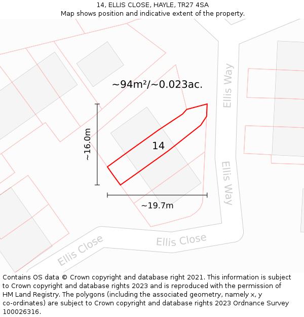 14, ELLIS CLOSE, HAYLE, TR27 4SA: Plot and title map