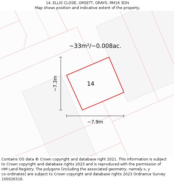 14, ELLIS CLOSE, ORSETT, GRAYS, RM16 3DN: Plot and title map
