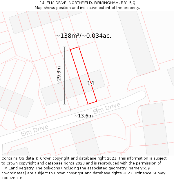 14, ELM DRIVE, NORTHFIELD, BIRMINGHAM, B31 5JQ: Plot and title map