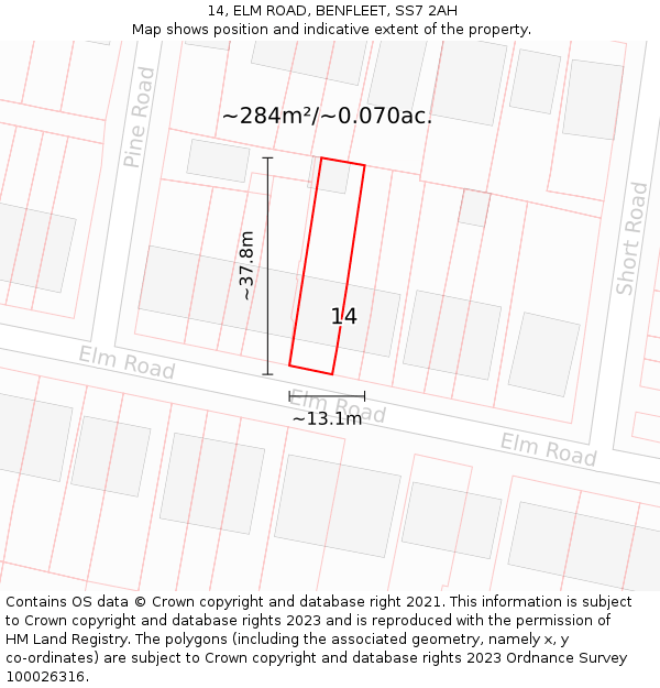 14, ELM ROAD, BENFLEET, SS7 2AH: Plot and title map