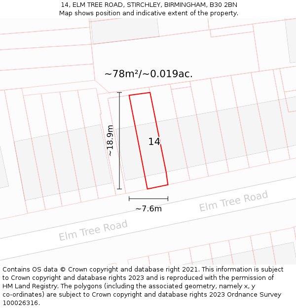 14, ELM TREE ROAD, STIRCHLEY, BIRMINGHAM, B30 2BN: Plot and title map