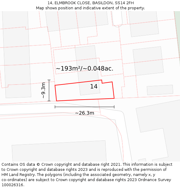 14, ELMBROOK CLOSE, BASILDON, SS14 2FH: Plot and title map