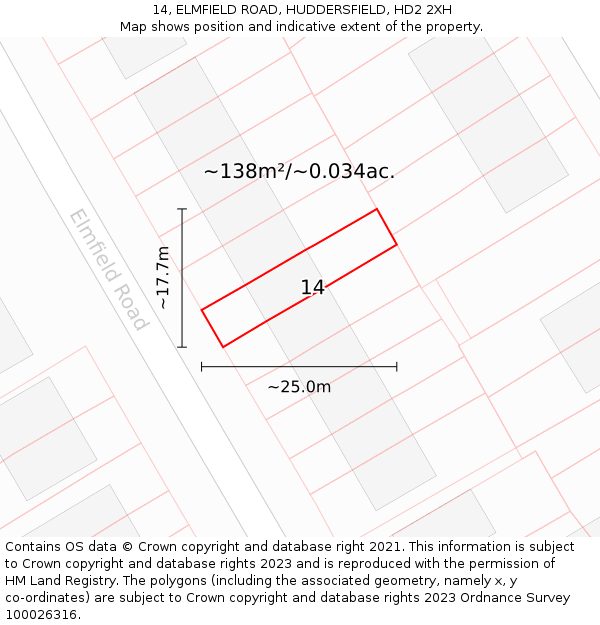 14, ELMFIELD ROAD, HUDDERSFIELD, HD2 2XH: Plot and title map