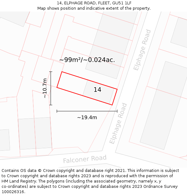 14, ELPHAGE ROAD, FLEET, GU51 1LF: Plot and title map