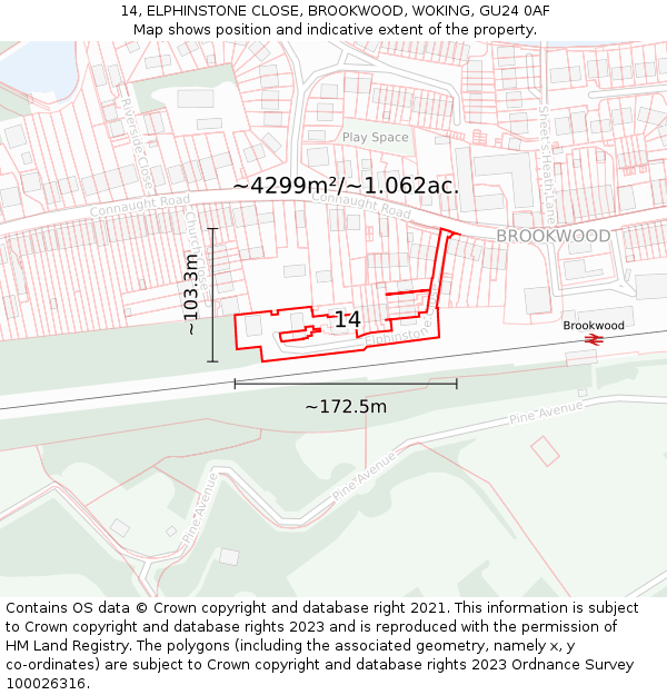 14, ELPHINSTONE CLOSE, BROOKWOOD, WOKING, GU24 0AF: Plot and title map
