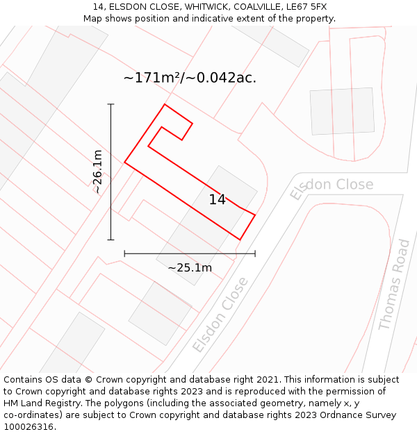 14, ELSDON CLOSE, WHITWICK, COALVILLE, LE67 5FX: Plot and title map