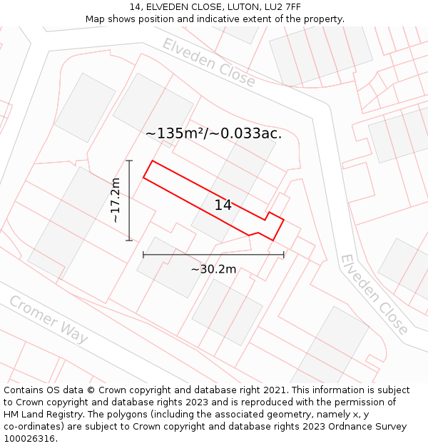 14, ELVEDEN CLOSE, LUTON, LU2 7FF: Plot and title map