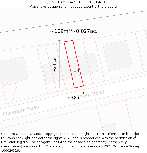 14, ELVETHAM ROAD, FLEET, GU51 4QB: Plot and title map
