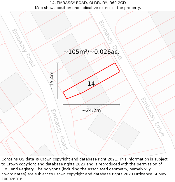14, EMBASSY ROAD, OLDBURY, B69 2GD: Plot and title map