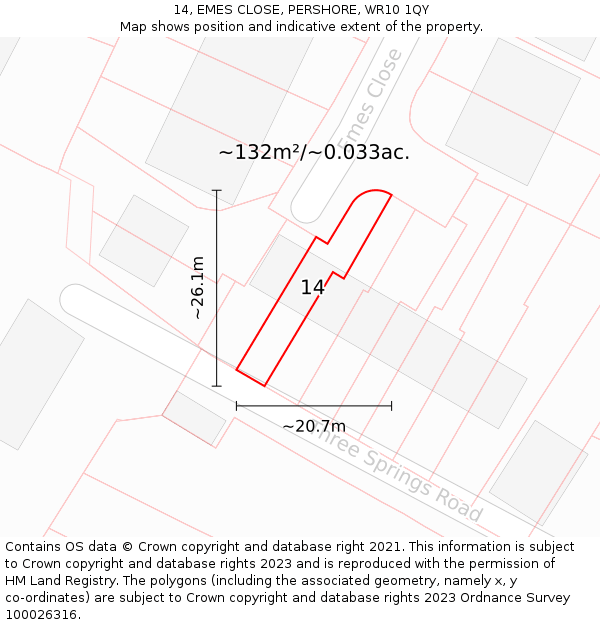 14, EMES CLOSE, PERSHORE, WR10 1QY: Plot and title map