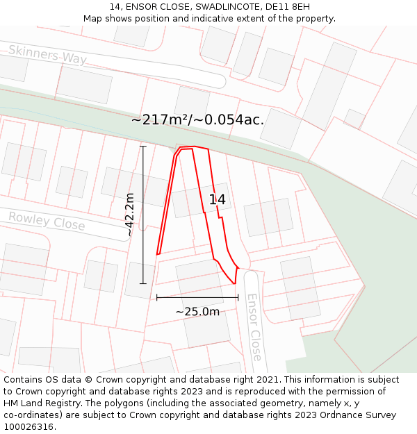 14, ENSOR CLOSE, SWADLINCOTE, DE11 8EH: Plot and title map