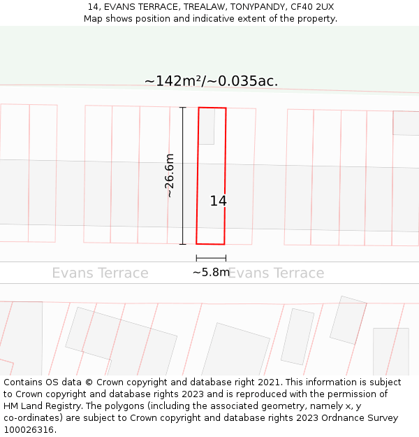 14, EVANS TERRACE, TREALAW, TONYPANDY, CF40 2UX: Plot and title map