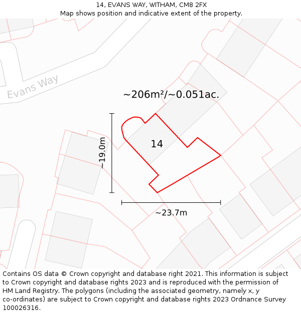 14, EVANS WAY, WITHAM, CM8 2FX: Plot and title map